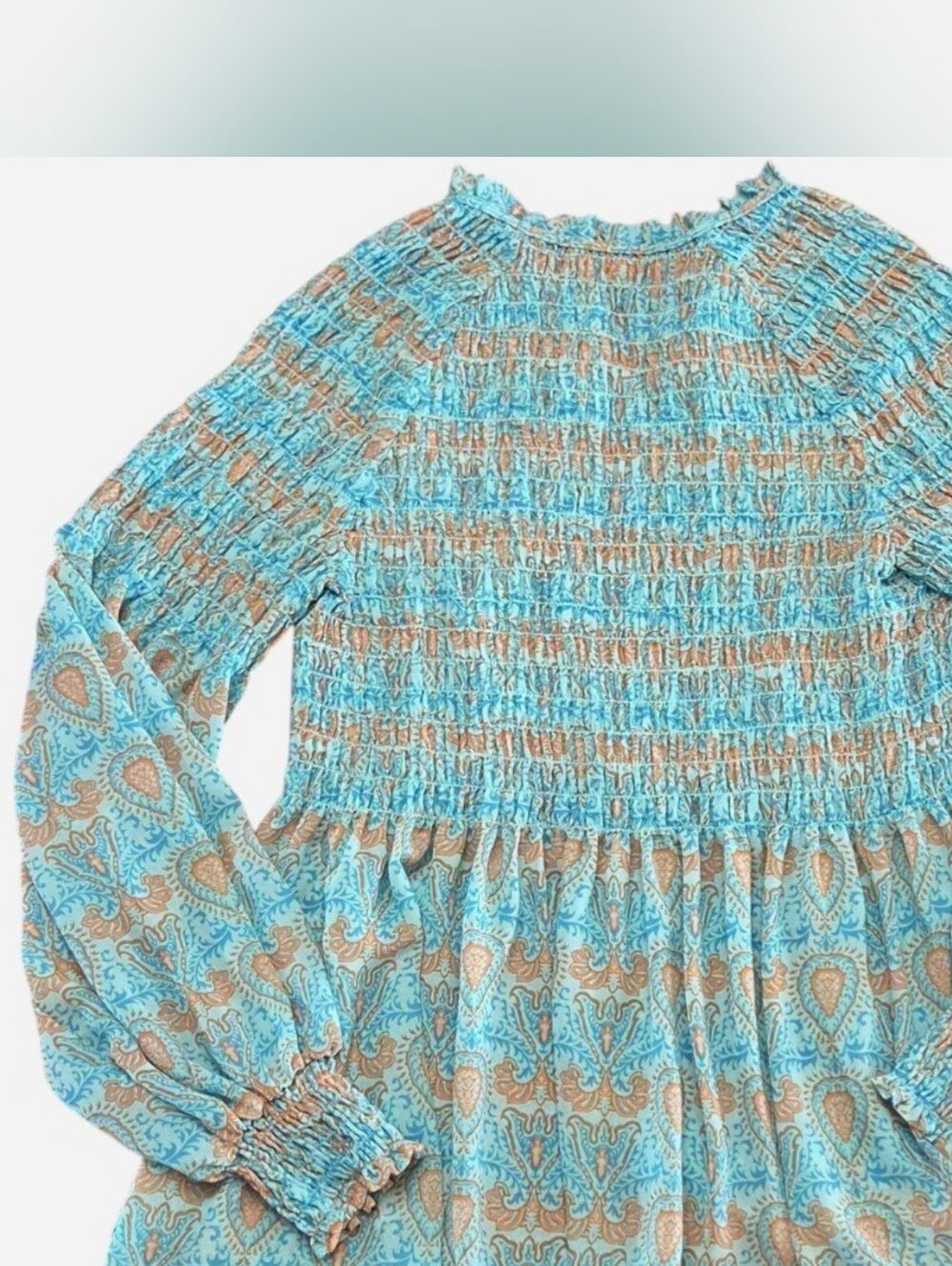 Rose & Olive Turquoise and Orange Paisley Smocked Peplum Blouse Size M - Picture 3 of 8